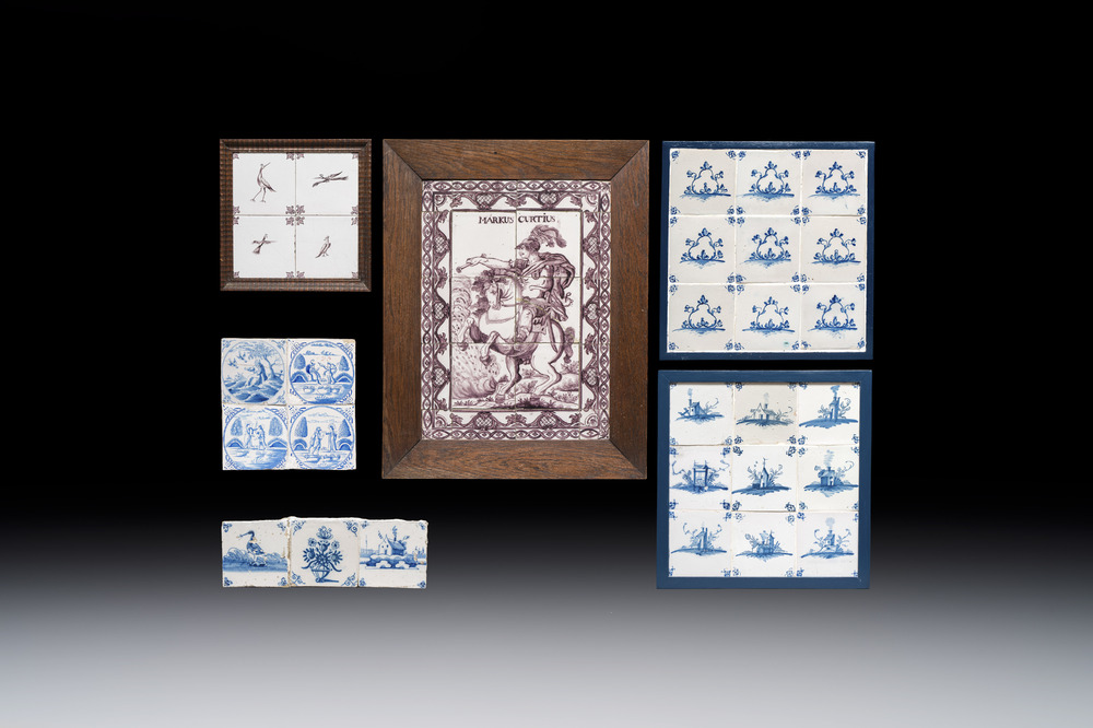 Six blue, white and manganese Dutch Delft tile panels, 18th C.