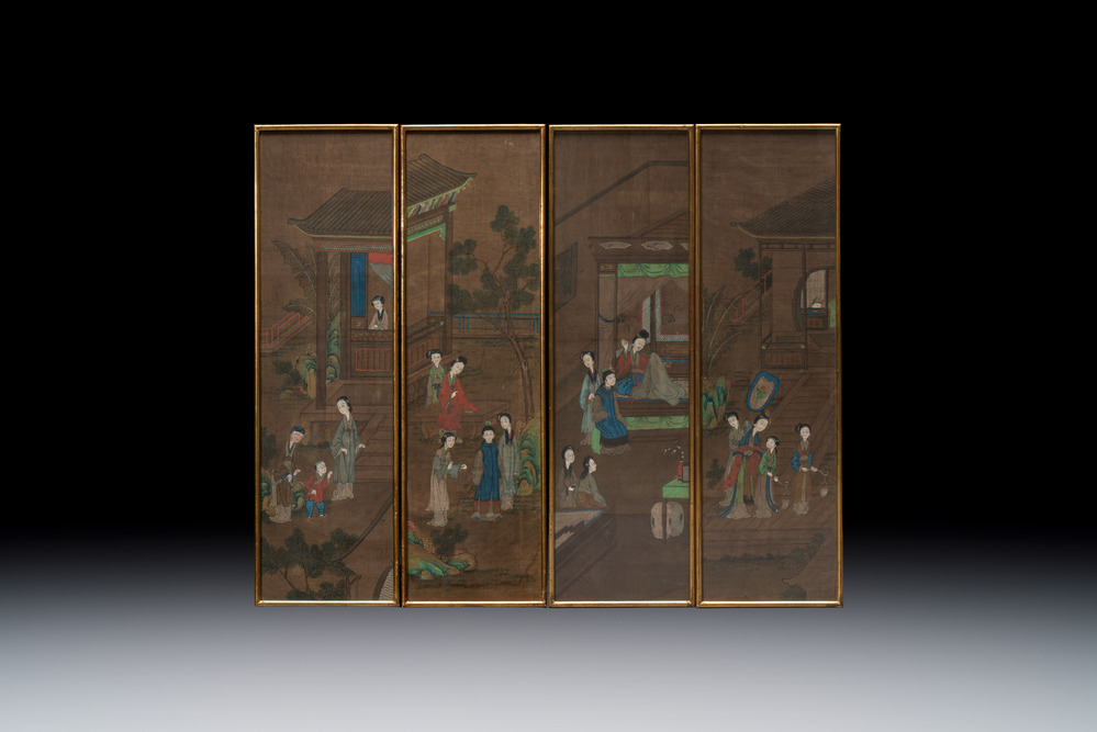 Chinese school: 'Courtyard Scenes with Figures', ink and colour on silk, 19th C.