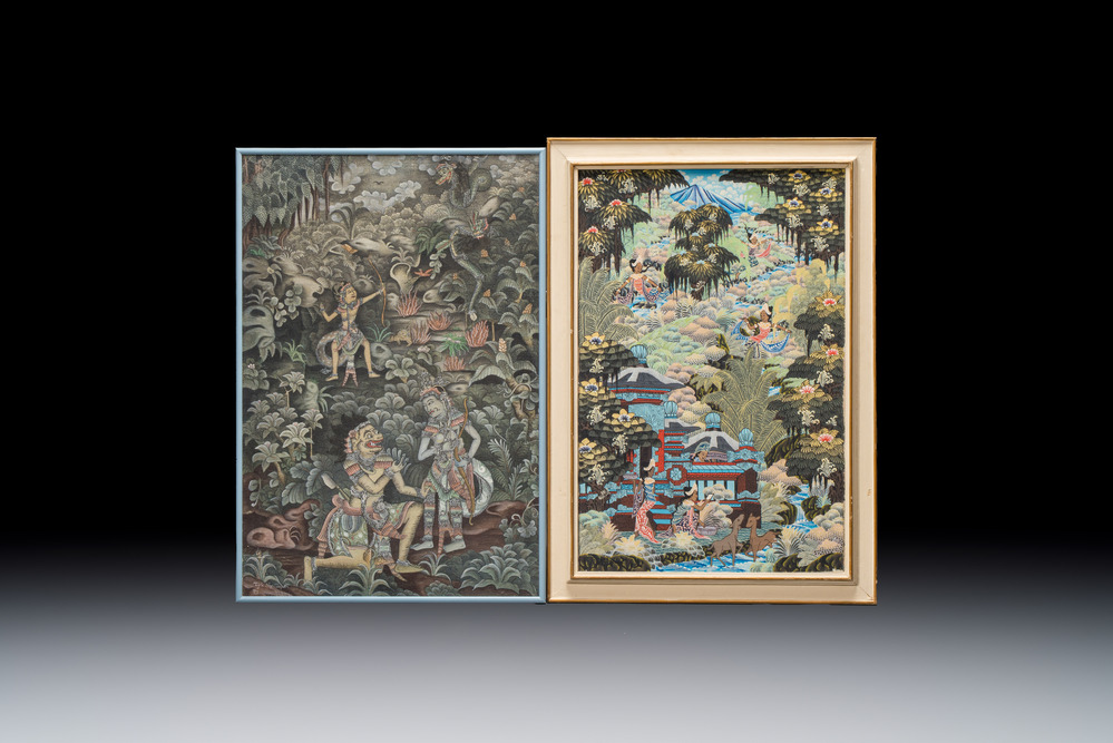 Balinese school: 'Divinities', oil on canvas, illegibly signed, 20th C.; I Made Sinteg (b. 1943): 'Rajapala dan Tujuh Bidadari', oil on canvas, 20th C.