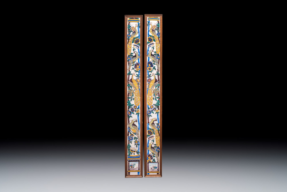 A pair of polychrome Dutch Delft tile murals or 'pillars' with peacocks on columns, 18th C.