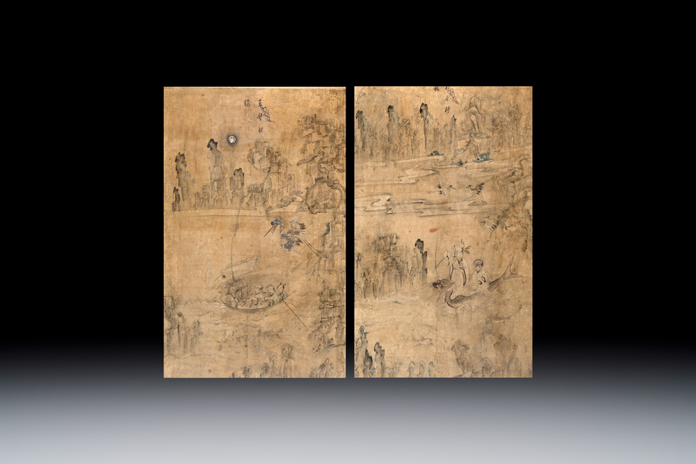 Korean school: 'Ode to the Red Cliff' and 'Immortals on a Dragon Carp', ink and colour on paper, Joseon, 18/19th C.