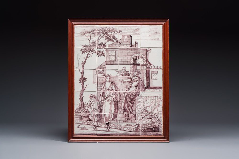 A manganese Dutch Delft tile mural, Aalmis, Rotterdam, 18th C.
