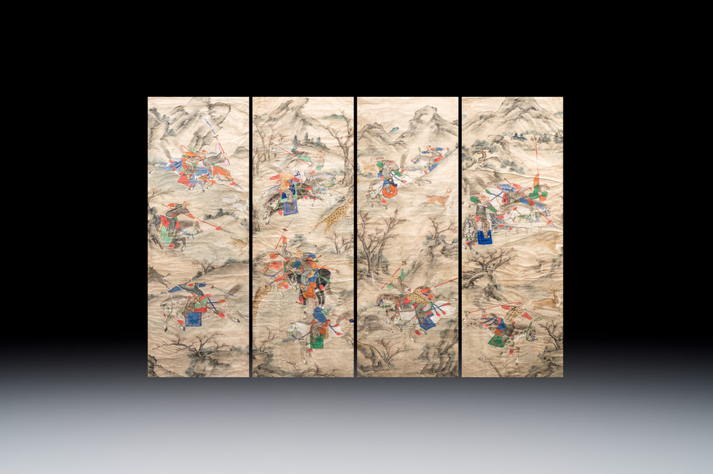 Chinese school: four 'Hunting Scene' paintings, ink and colour on paper, 19/20th C.