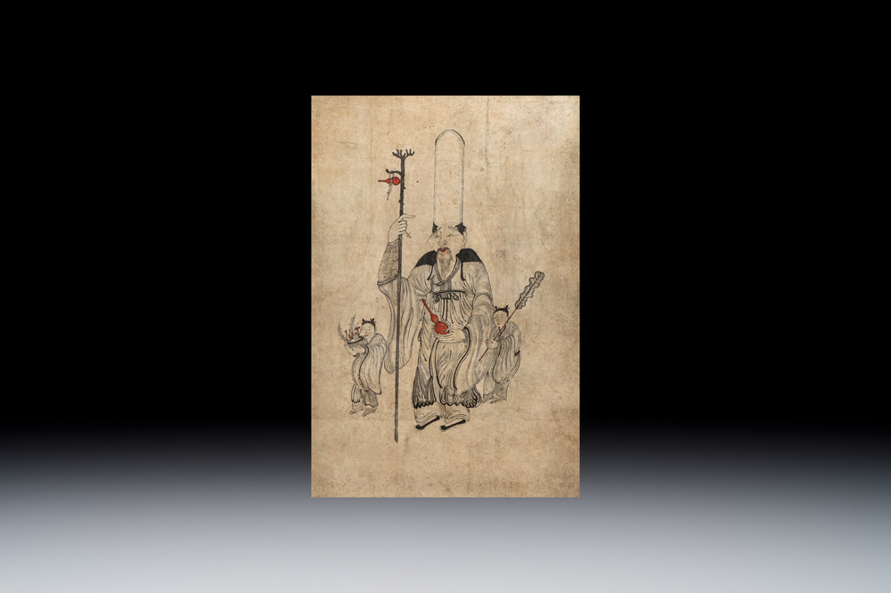 Korean school: 'The God of Longevity and Attendants', ink and colour on paper, Joseon, 18th C.