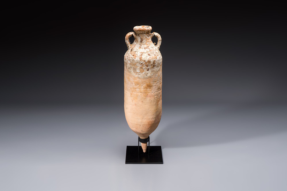 A large Roman pottery wine or fish oil transport amphora with marine encrustation, North Africa, 4/5th C.