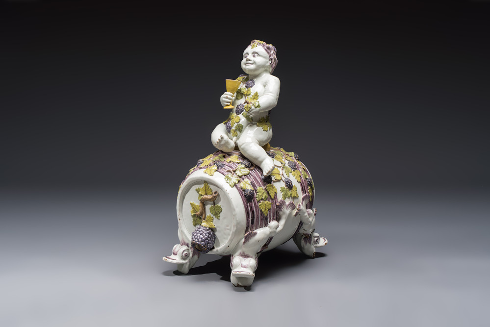 A massive polychrome Brussels faience 'Bacchus on a Barrel' fountain, 18th C.