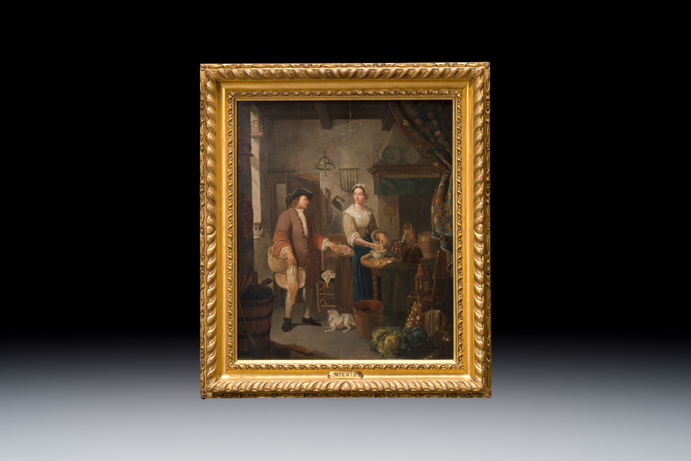 Frans I Van Mieris (1635-1681, attr. to): 'Bringing home poultry from the market', oil on panel, 17th C.
