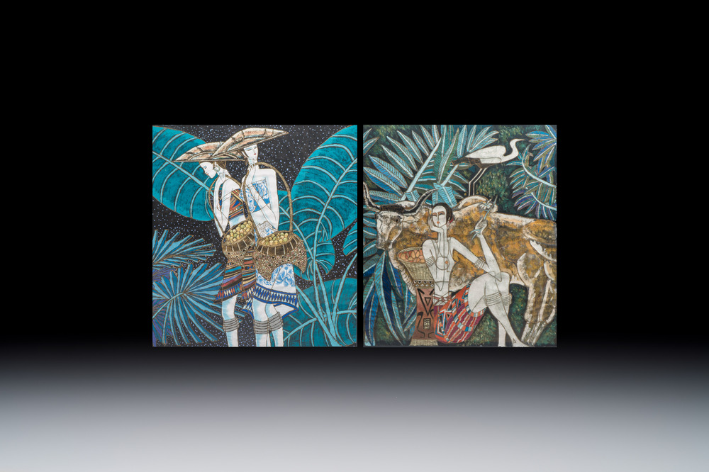 Ting Shao Kuang (b. 1939, attr. to): 'Beauty with Buffalo and Crane' and 'Two Beauties Carrying Bamboo Baskets', mixed techniques, 20th C.