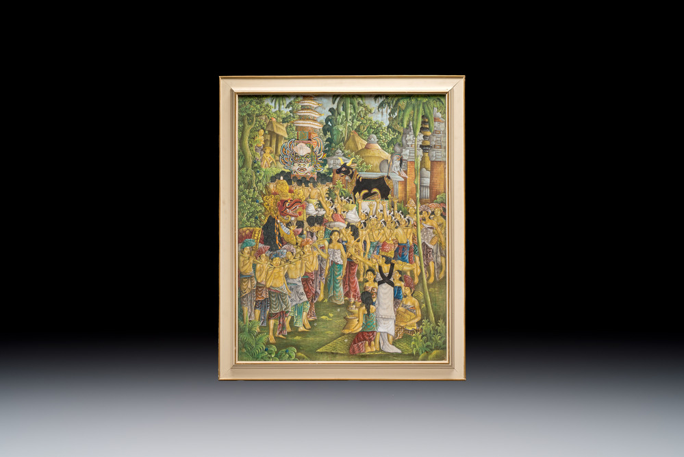 Balinese school: 'Ceremonial Festivities', oil on canvas, illegibly signed, Ubud, 20th C.