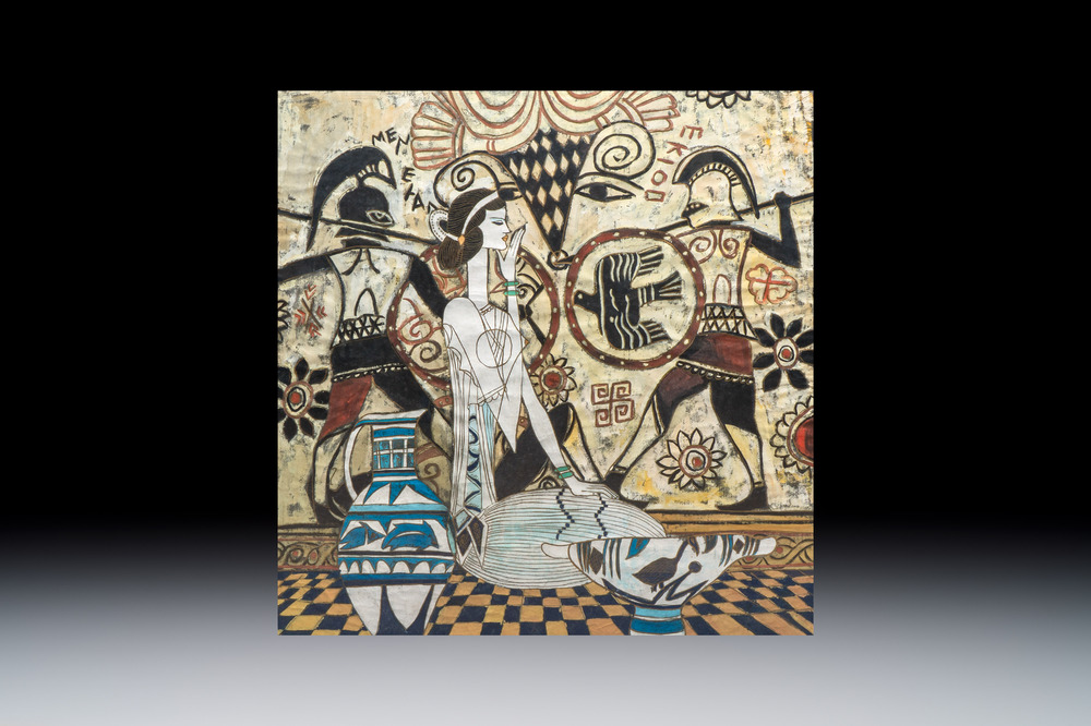 Ting Shao Kuang (b. 1939, attr. to): 'Seated Beauty before a Classical Mural', mixed techniques, 20th C.