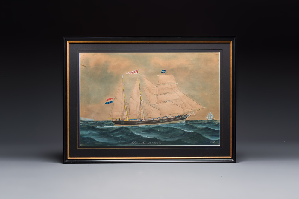Lars Petter Sj&ouml;str&ouml;m (1820&ndash;1896): 'Ship portrait of the Dutch bark Auburn', gouache on paper, signed and dated 1884