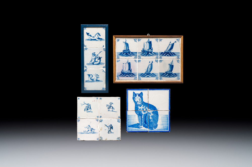 17 blue and white Dutch Delft tiles with sea monsters, ships, a cat and various figures, 17th C. and later