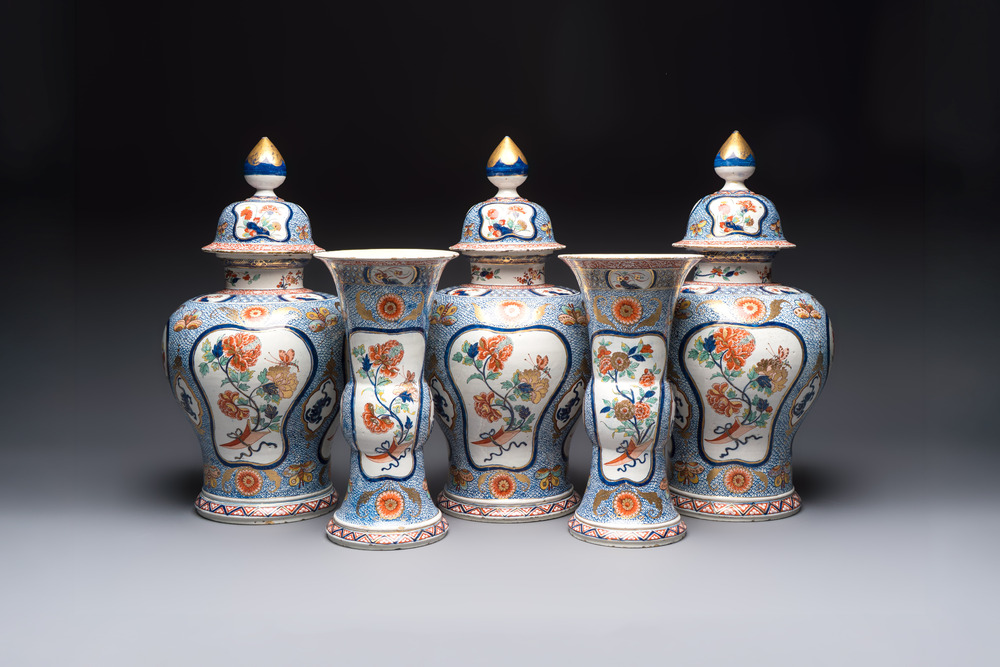 An exceptional polychrome Dutch Delft five-piece garniture in Chinese Kangxi style, first quarter 18th C.