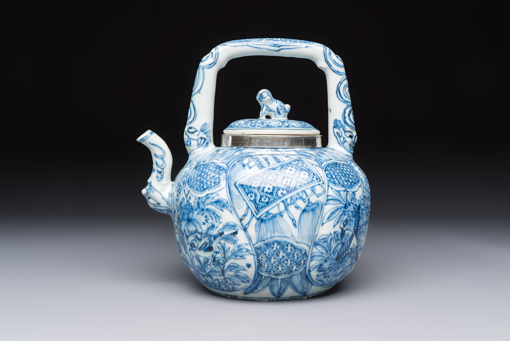 A silver-mounted Chinese blue and white wine pot, Wanli