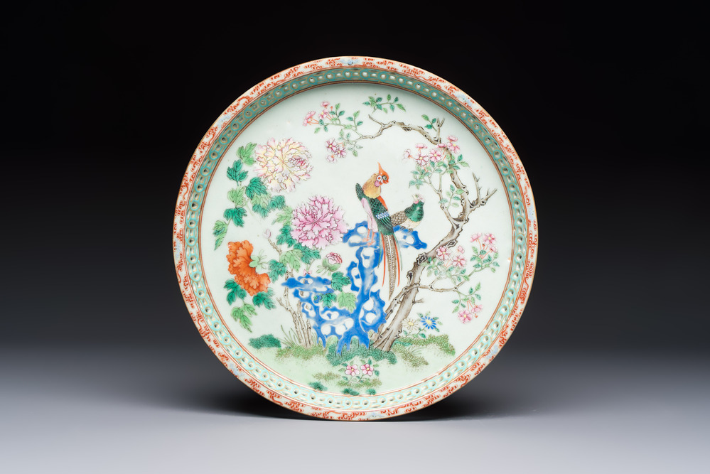 A fine Chinese famille rose pale celadon-ground 'phoenixes' dish with a reticulated rim, Qianlong