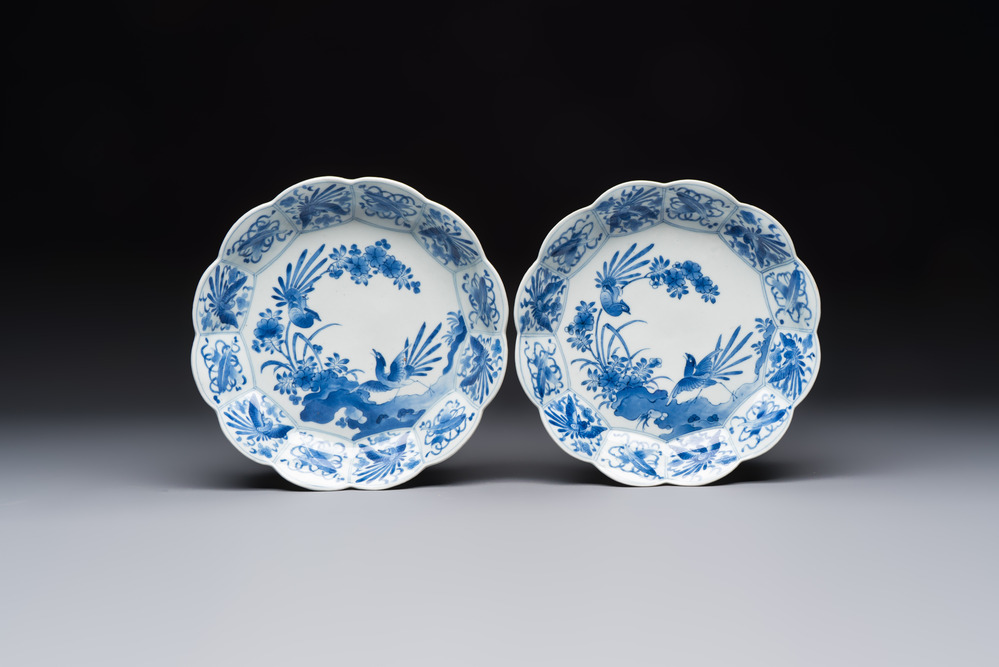 A pair of Japanese Arita blue and white 'Birds among Flowering Branches' plates, Edo 18th C.