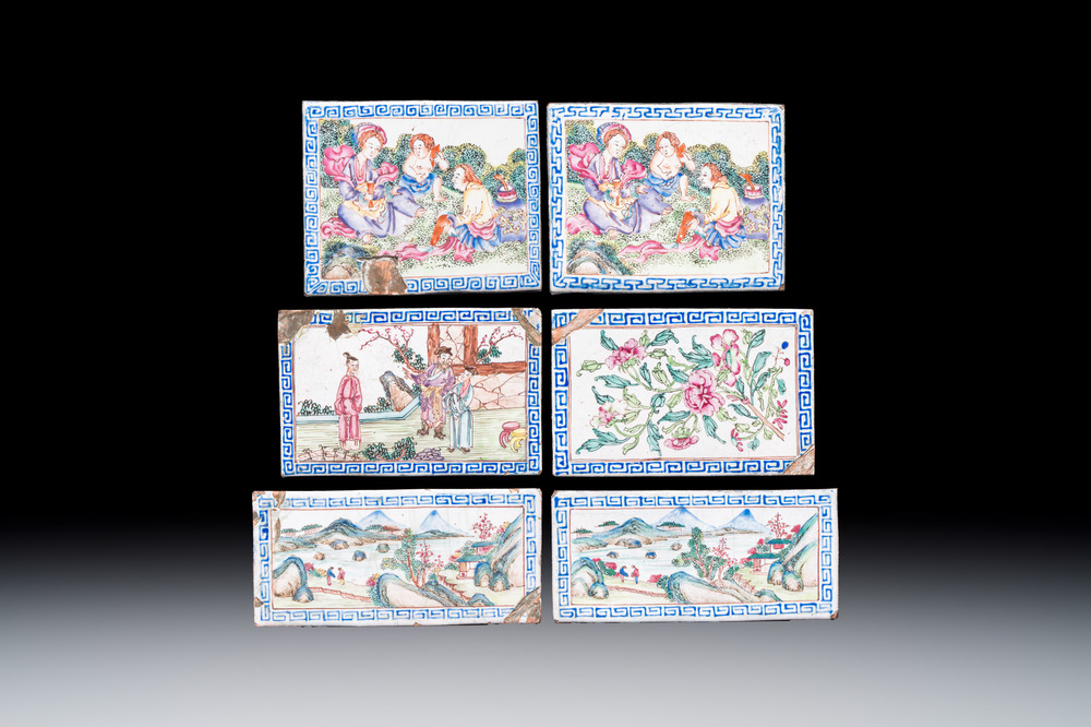 Six Chinese Canton enamel rectangular plaques with landscape, figural, floral and European subject designs, Qianlong