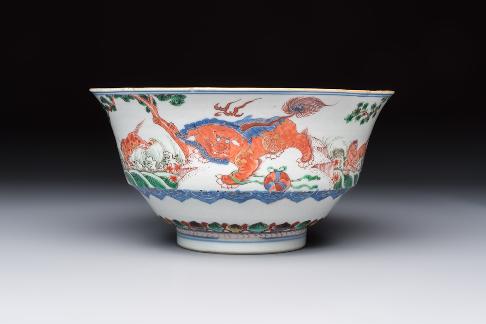 A Chinese famille verte 'Mythical Beasts and Horses' bowl, Fu 黼 mark, Kangxi