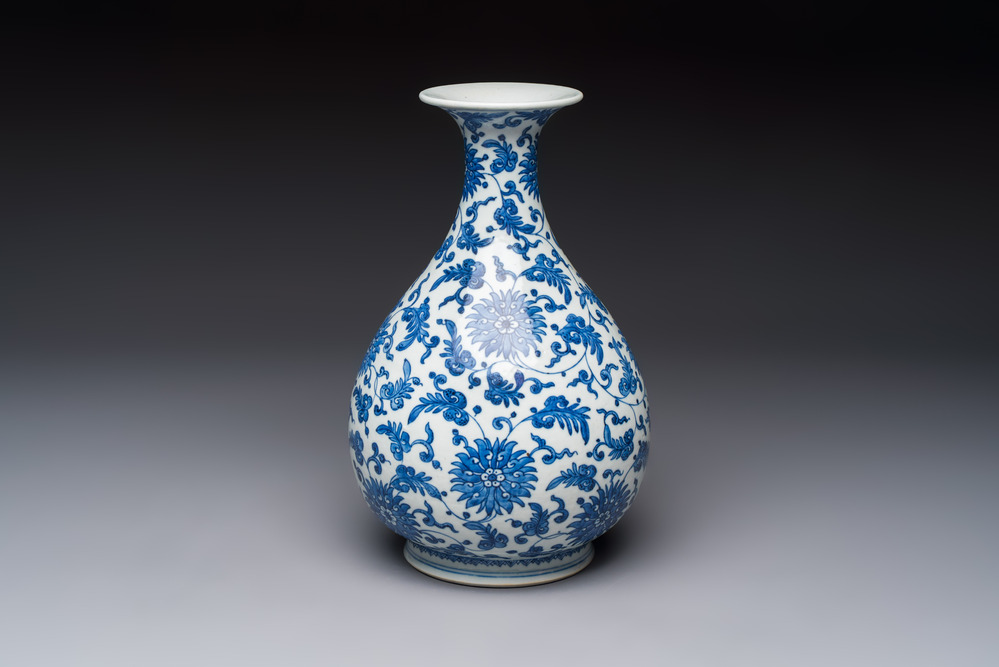 A Chinese blue and white 'Yuhuchunping' vase with lotus scroll design, Qianlong mark and of the period