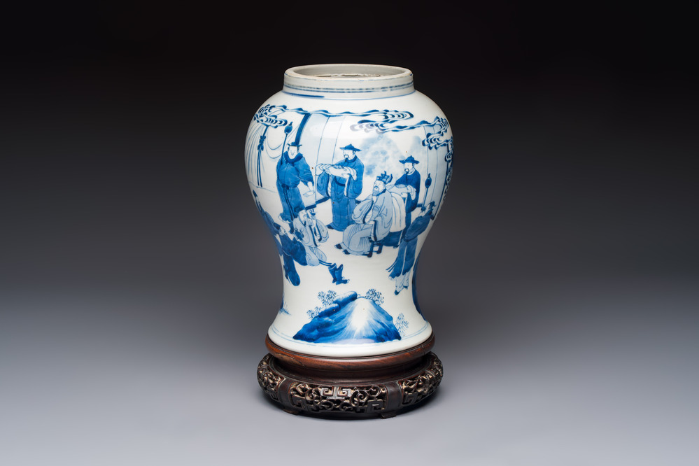 A Chinese blue and white 'Boot-swapping ceremony of Cui Rong' vase, Kangxi