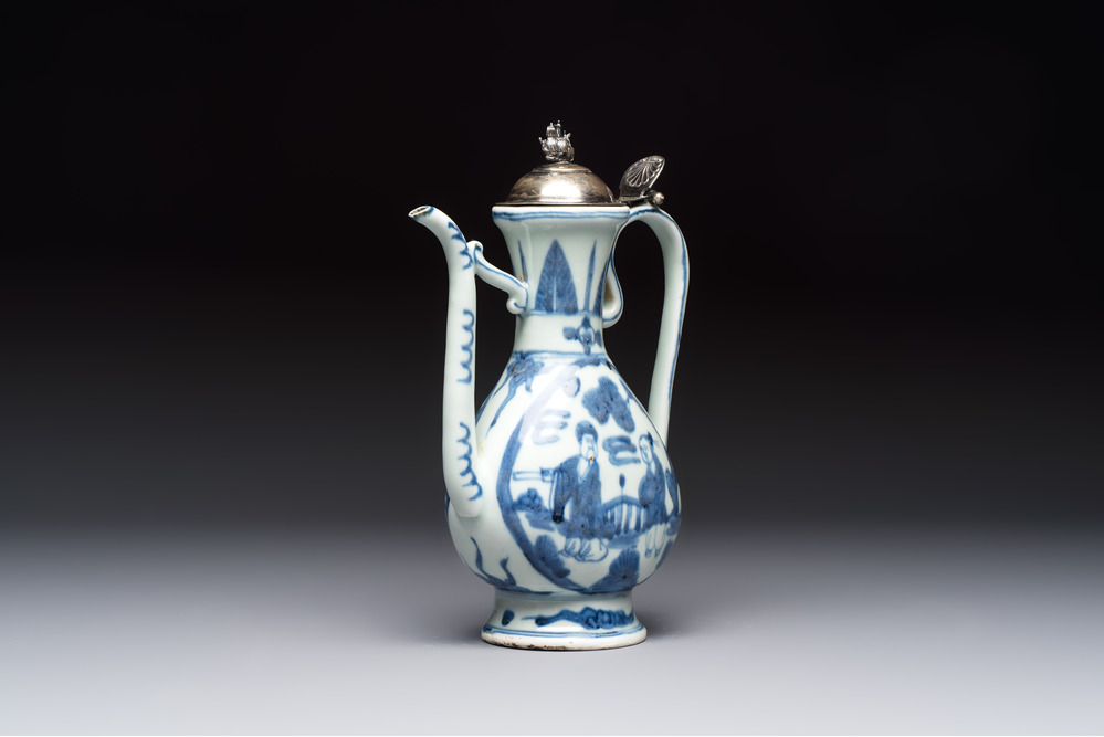 A silver-mounted Chinese blue and white 'Zhou Dunyi 周敦頤' ewer, Ming