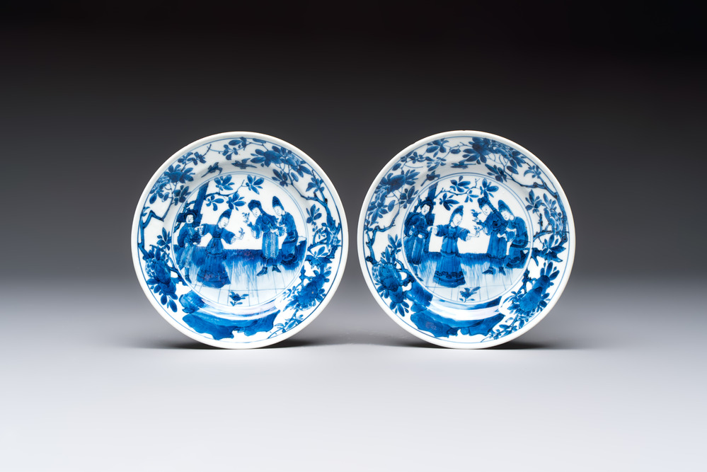 A pair of Chinese blue and white 'Sense of Smell' saucer dishes, artemisia leaf mark, Kangxi