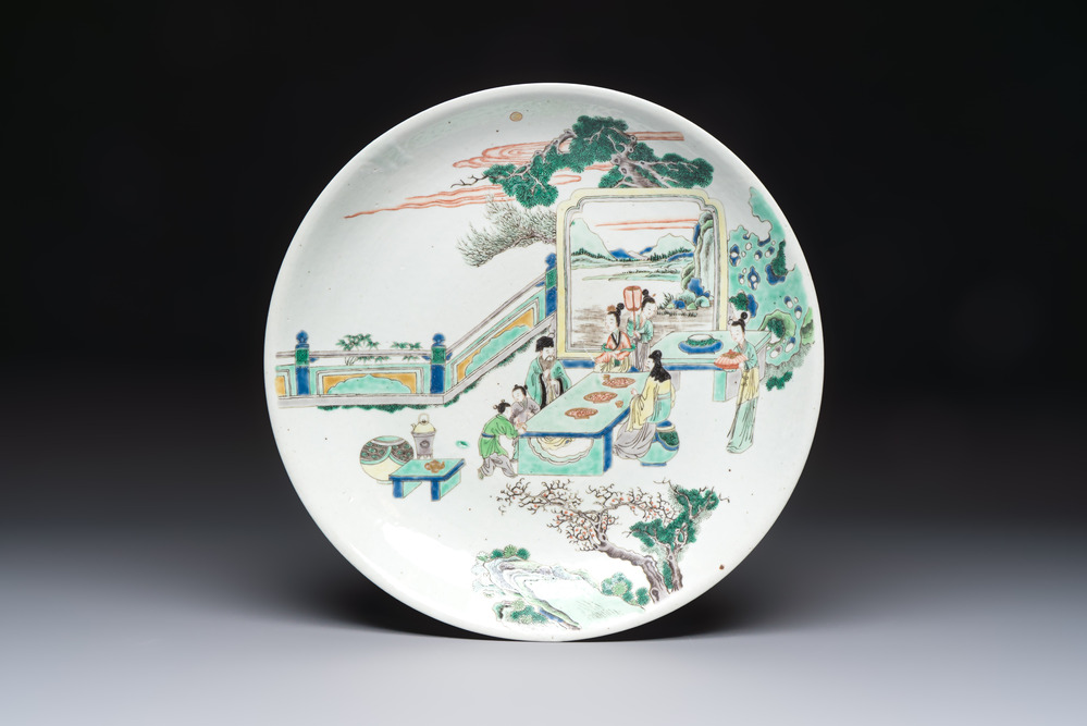 A large Chinese famille verte 'Banquet' dish, lingzhi mark, Kangxi