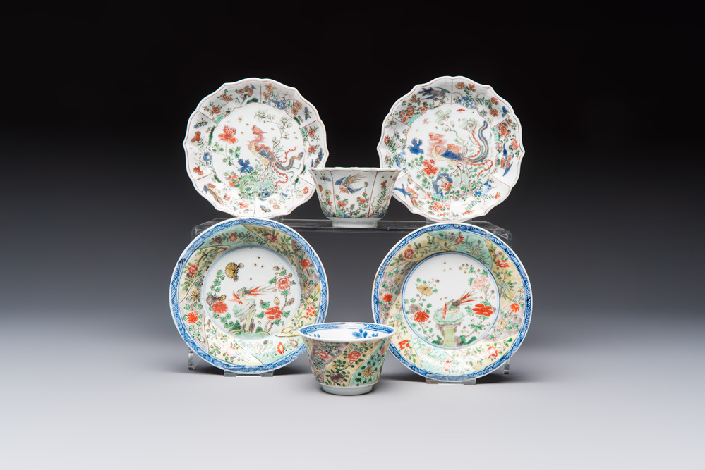 Two Chinese famille verte cups and four saucers, lingzhi and jade marks, Kangxi