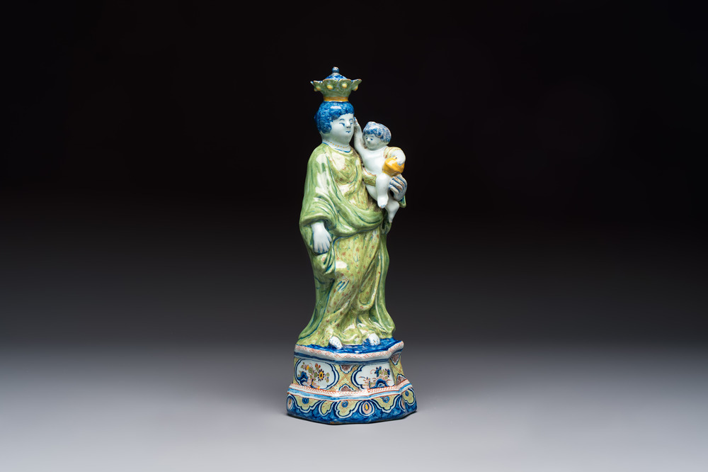 A polychrome Dutch Delft model of the Virgin with Child, 18th C.