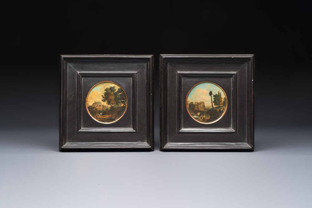 German School: a pair of 'Landscapes with Travellers', oil on paper mounted on board, 18th C.