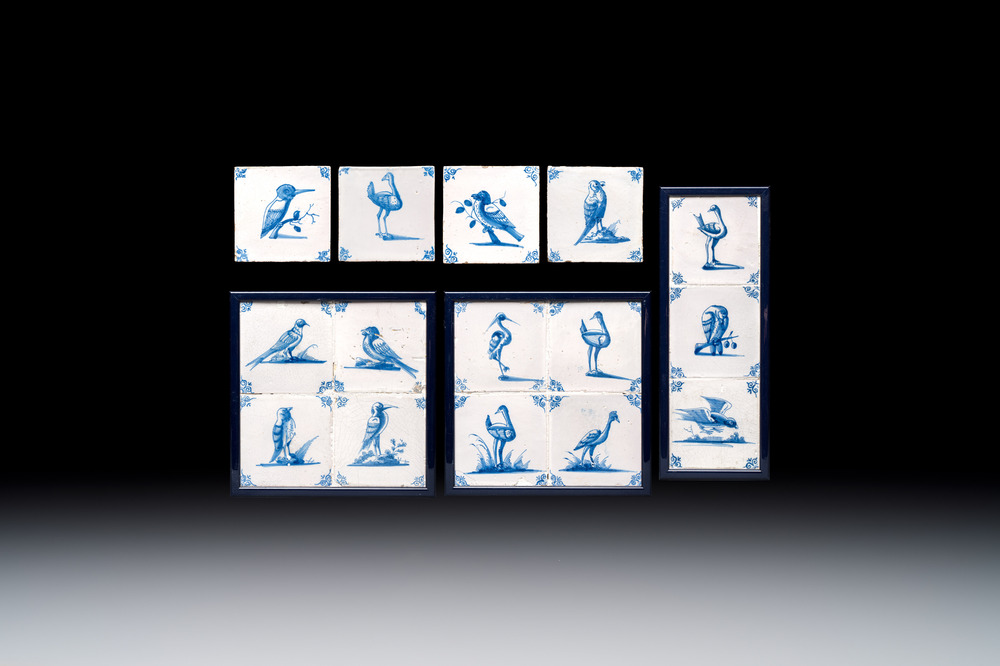 15 blue and white Dutch Delft tiles with large birds, 17th C.