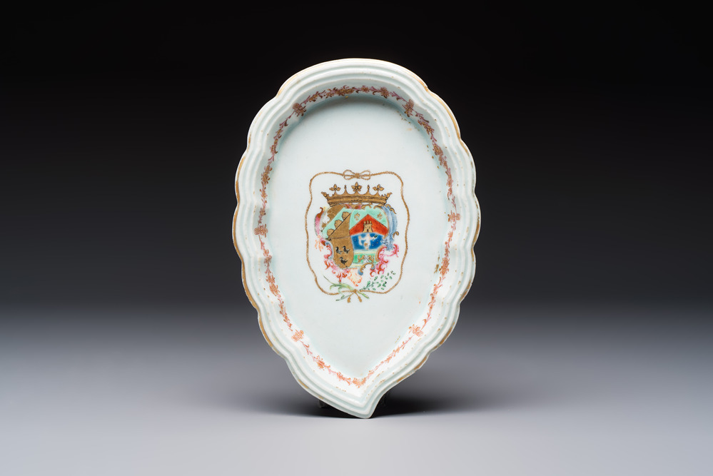 A Chinese famille rose armorial leaf-shaped dish for the Spanish market, Qianlong, ca. 1775