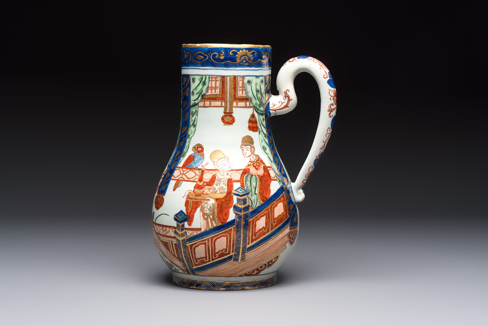 A magnificent polychrome Dutch Delft chinoiserie ewer, first quarter 18th C.
