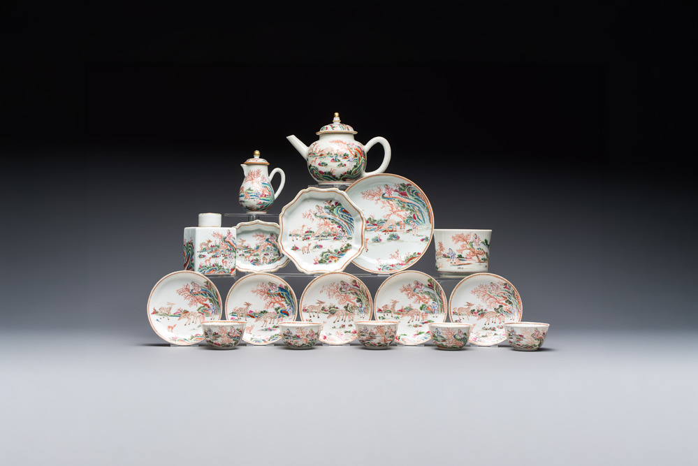 A Chinese famille rose 17-piece 'Deer and Scholars' tea service, Qianlong