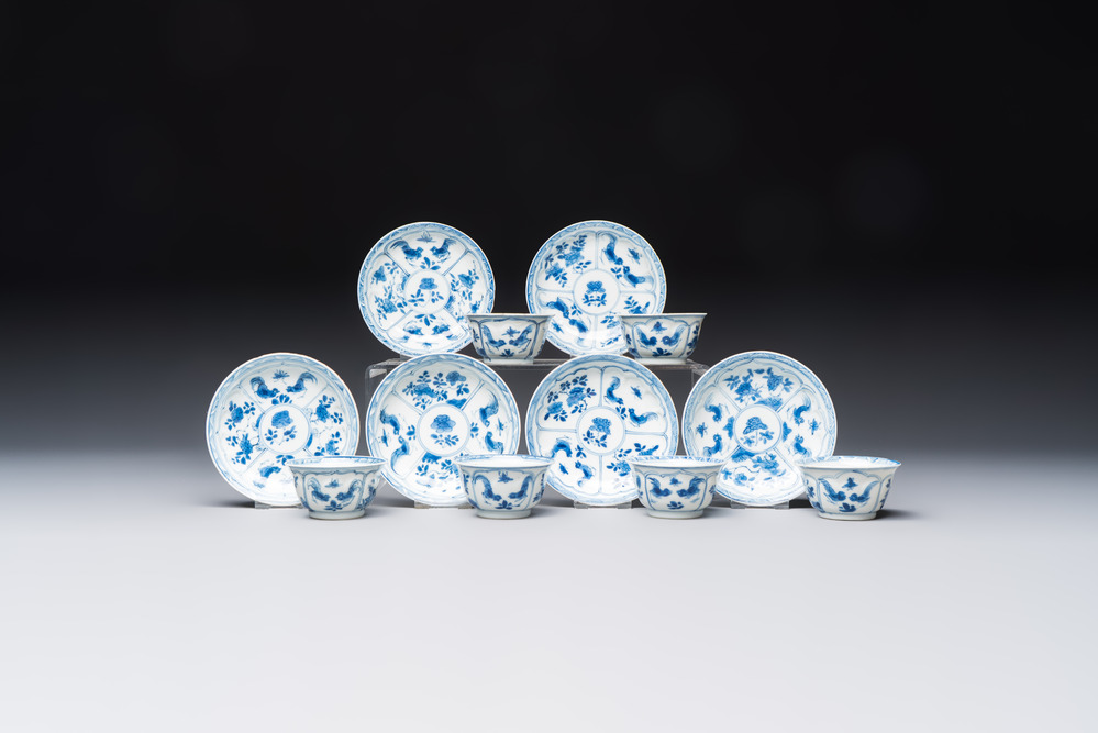 Six Chinese blue and white 'Rooster' cups and saucers, Kangxi