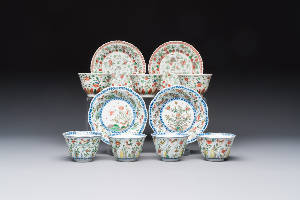 Seven Chinese famille verte cups and four saucers, conch shell and lingzhi marks, Kangxi