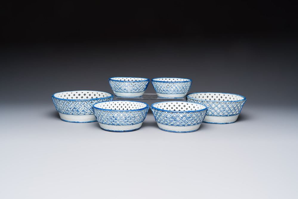 Six Chinese blue and white reticulated baskets with pagodas along a river, Qianlong