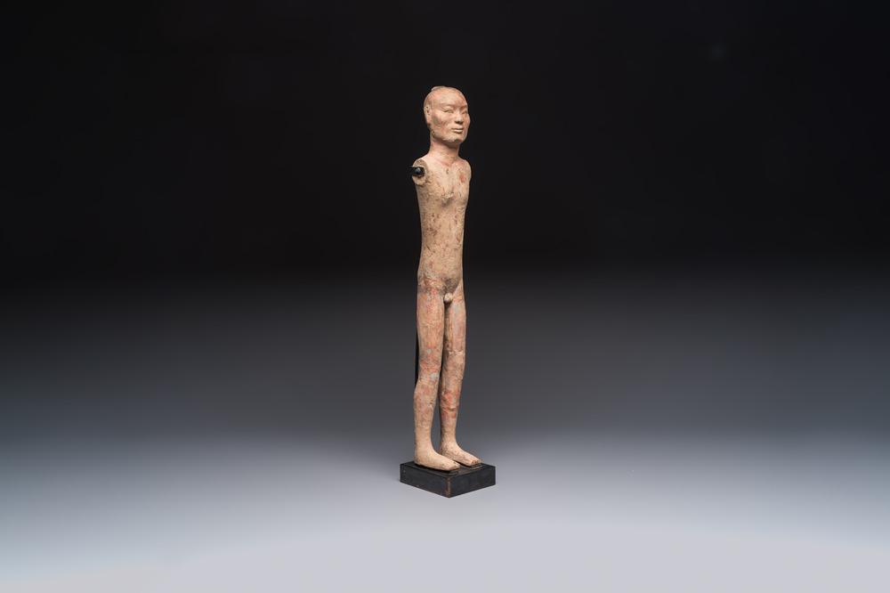 A Chinese cold-painted pottery stick man figure, Han