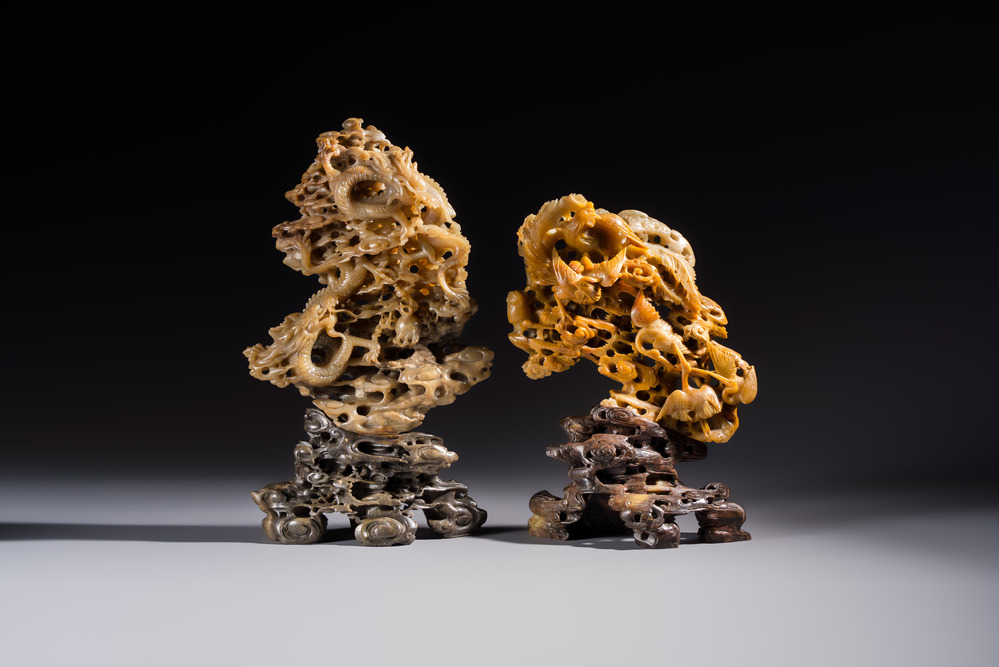 A fine Chinese carved soapstone 'Dragons among Clouds' group and a 'Phoenixes and Cranes' group, 20th C.