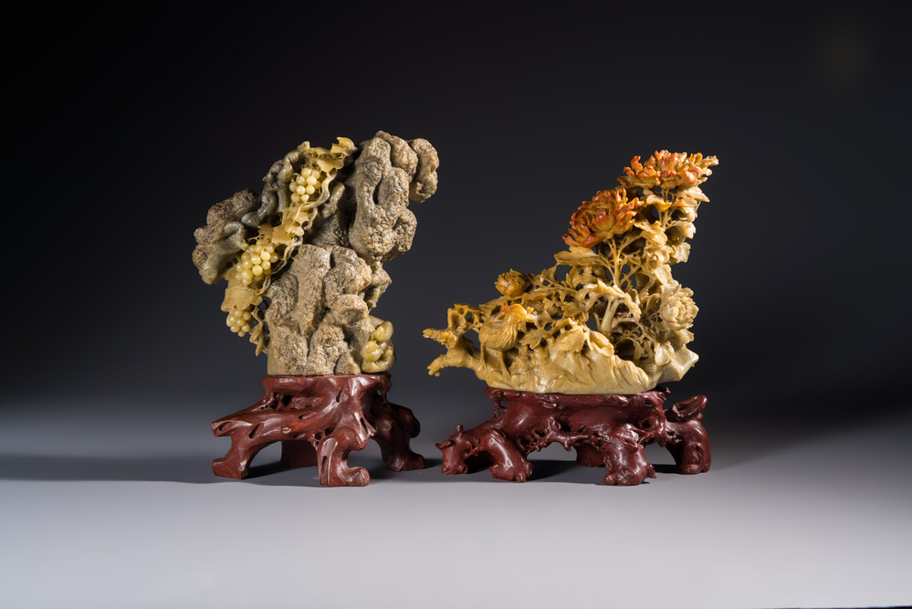 A fine Chinese carved soapstone 'Squirrels and Grapes' group and a 'Phoenixes among Peonies' group, 20th C.