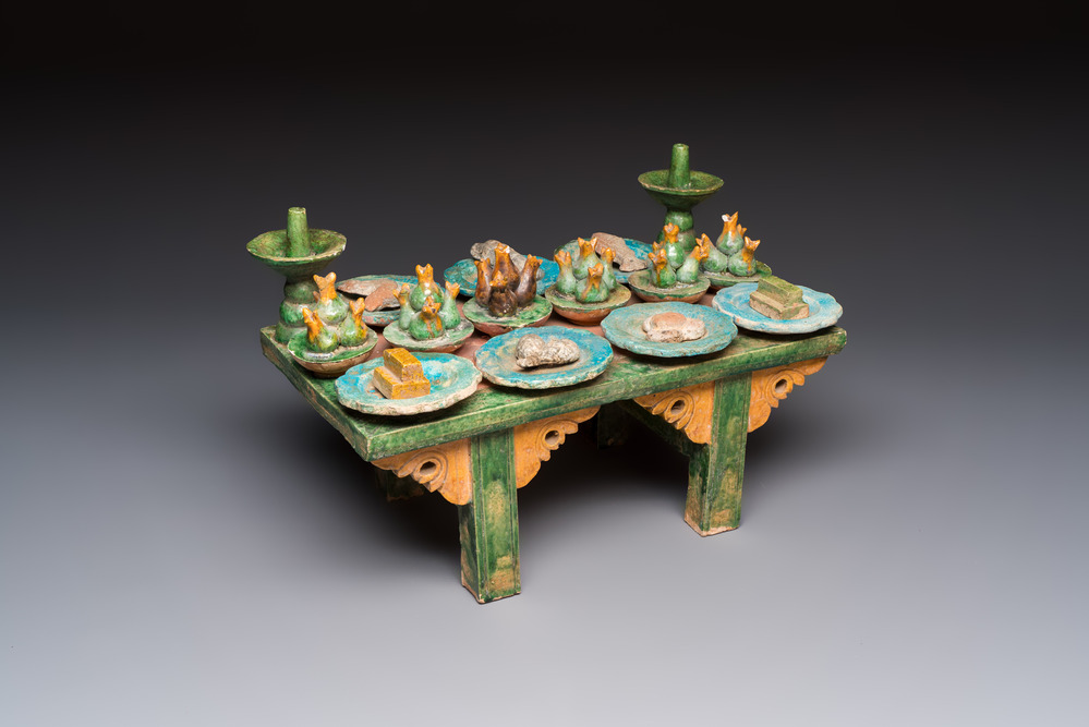 A Chinese sancai-glazed pottery model of an offering table, Ming