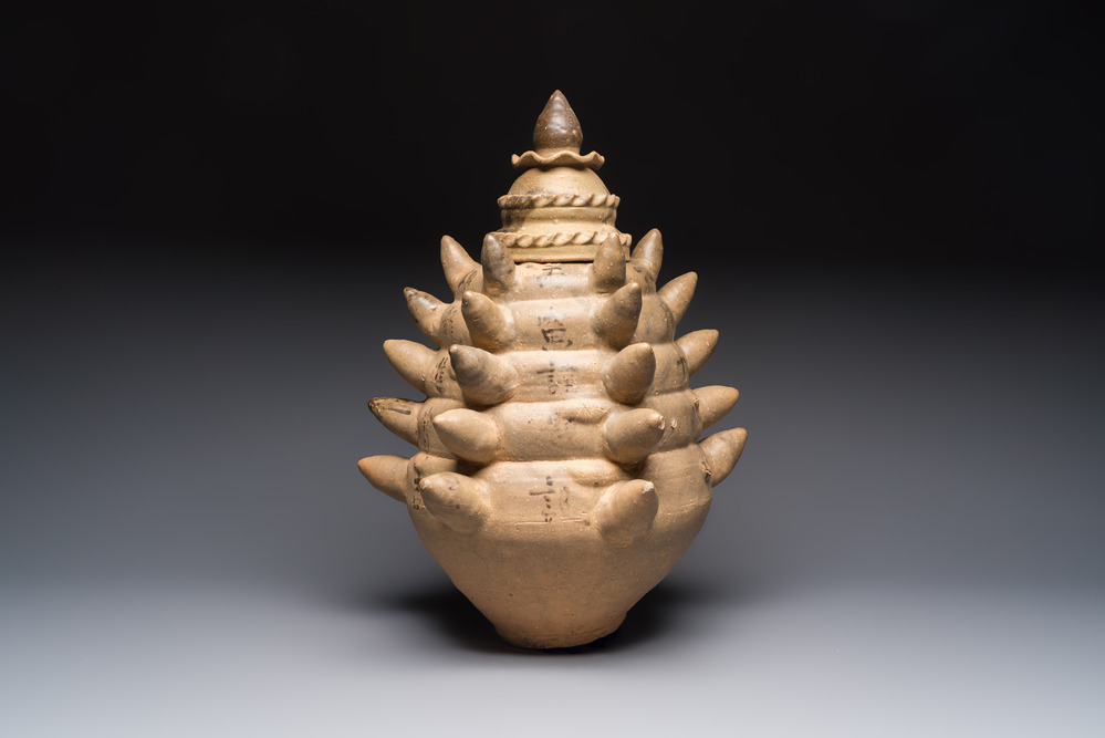 A large inscribed Chinese spiked funerary jar and cover, Northern Song, dated 1026