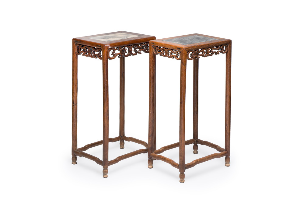 Two Chinese marble-topped hongmu stands, 19/20th C.