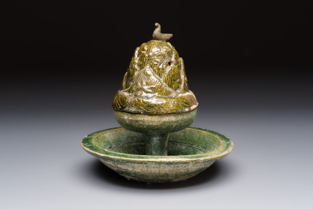A Chinese green-glazed pottery 'Boshanlu' stemmed censer and cover, Han