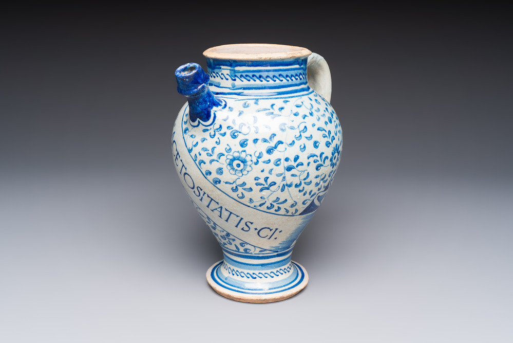 A blue and white Antwerp maiolica wet drug jar inscribed 'S ACETOSITATIS', 16th C.
