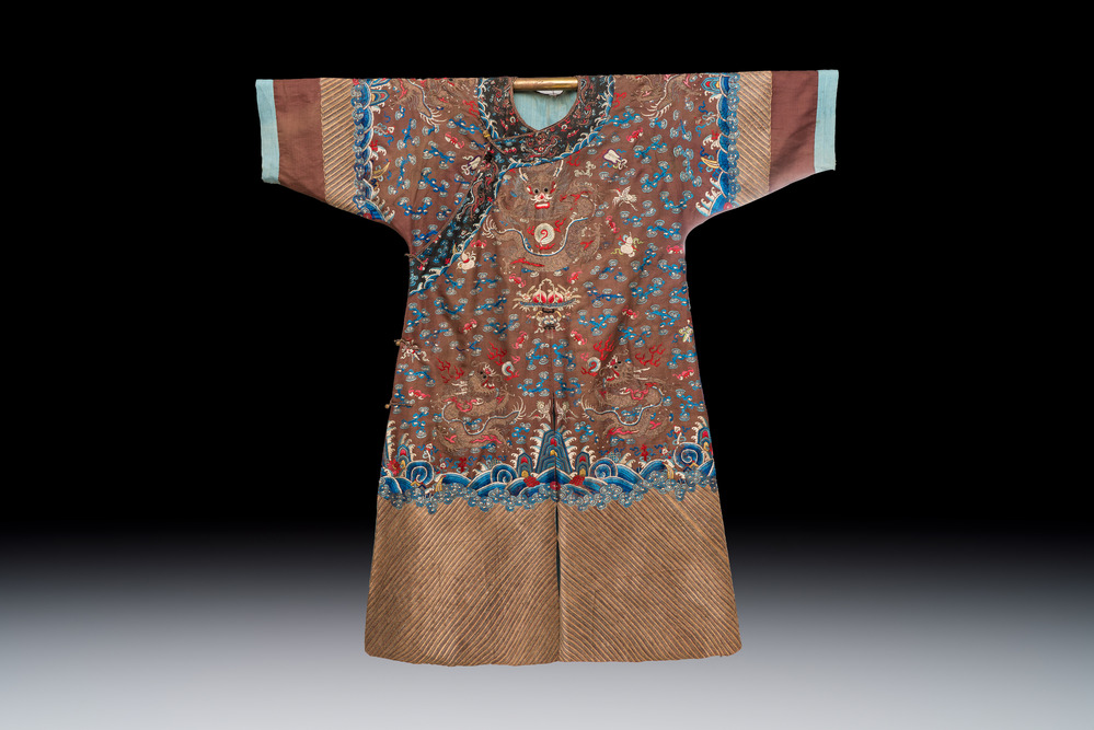 A Chinese brown-ground embroidered silk 'Dragon' robe, 'Ji Fu' 吉服, 19th C.