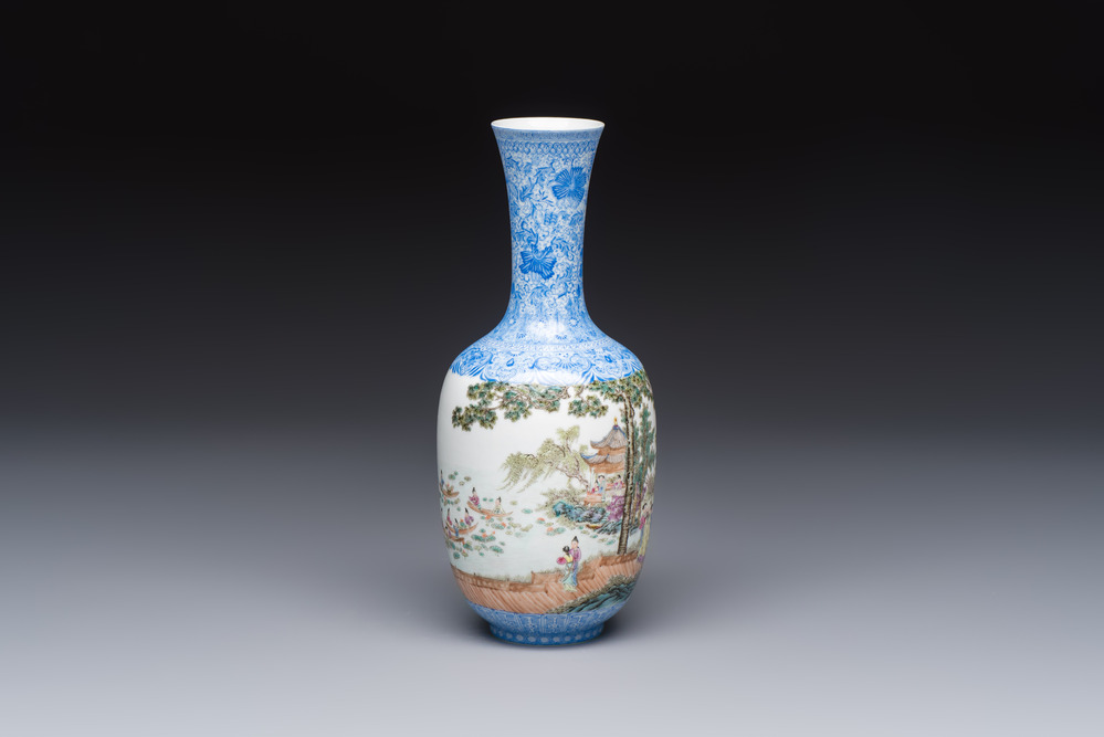 A Chinese famille rose 'Figures at a Lotus Pond' vase, Qianlong mark, 20th C.