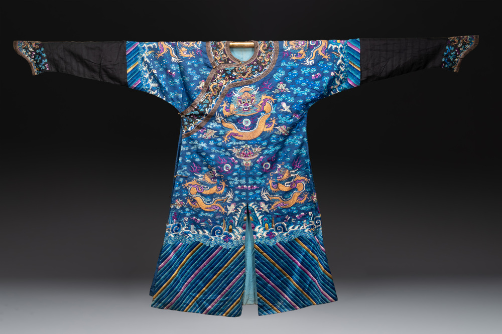 A Chinese blue-ground embroidered silk 'Dragon' robe, 'Ji Fu' 吉服, 19th C.