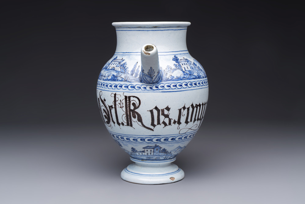 A blue and white Italian wet drug jar inscribed 'Ros. comp.', Savona, 18th C.