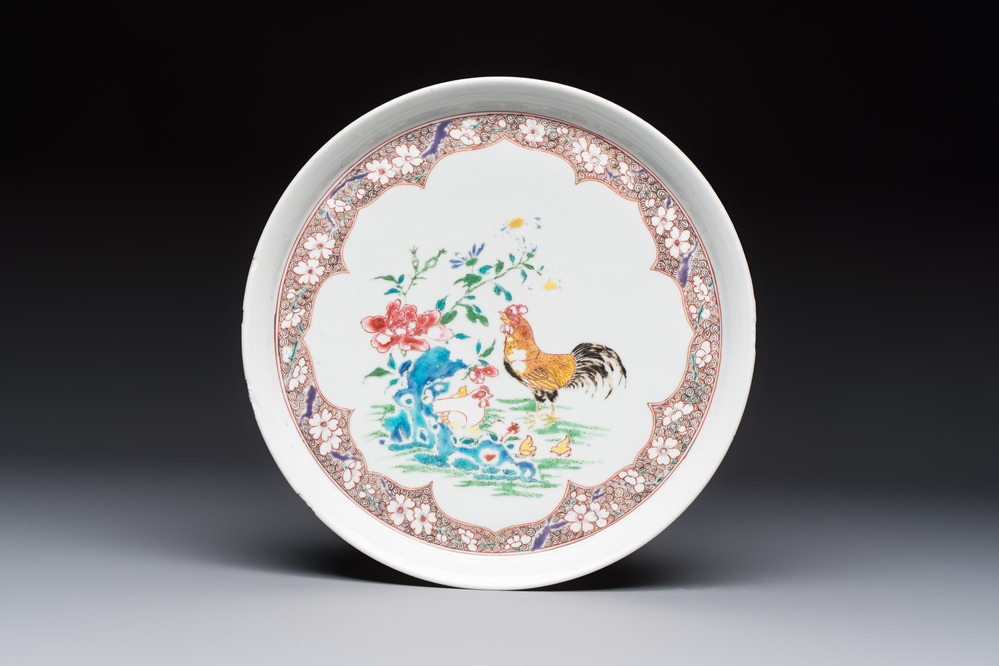 A Chinese famille rose 'Rooster' plate, Yongzheng mark and of the period